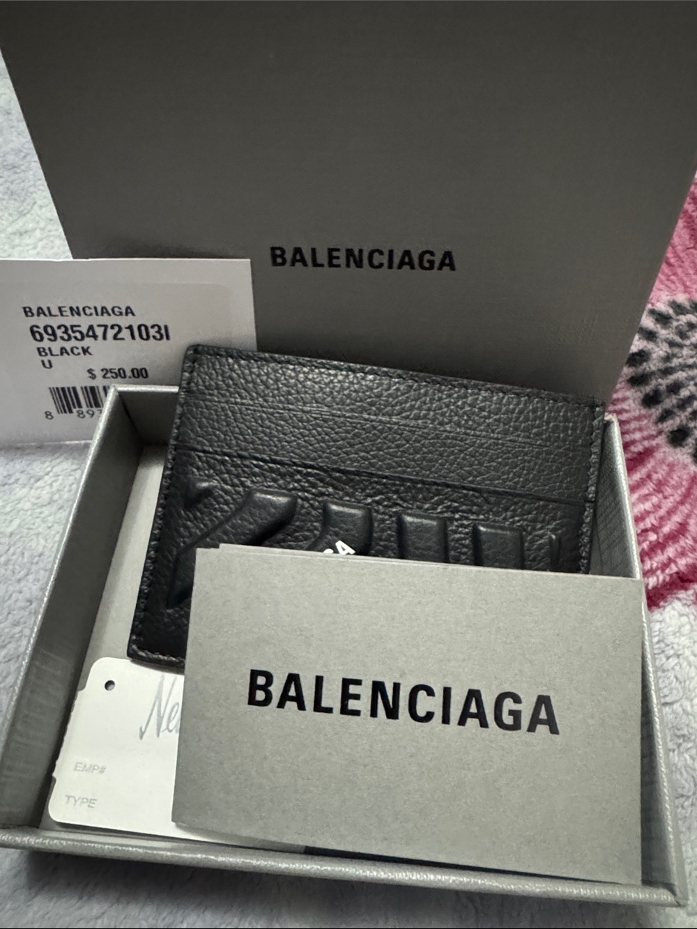 Balenciaga Black Textured Leather Card Holder with Embossed Chevron - Picture 3 of 6